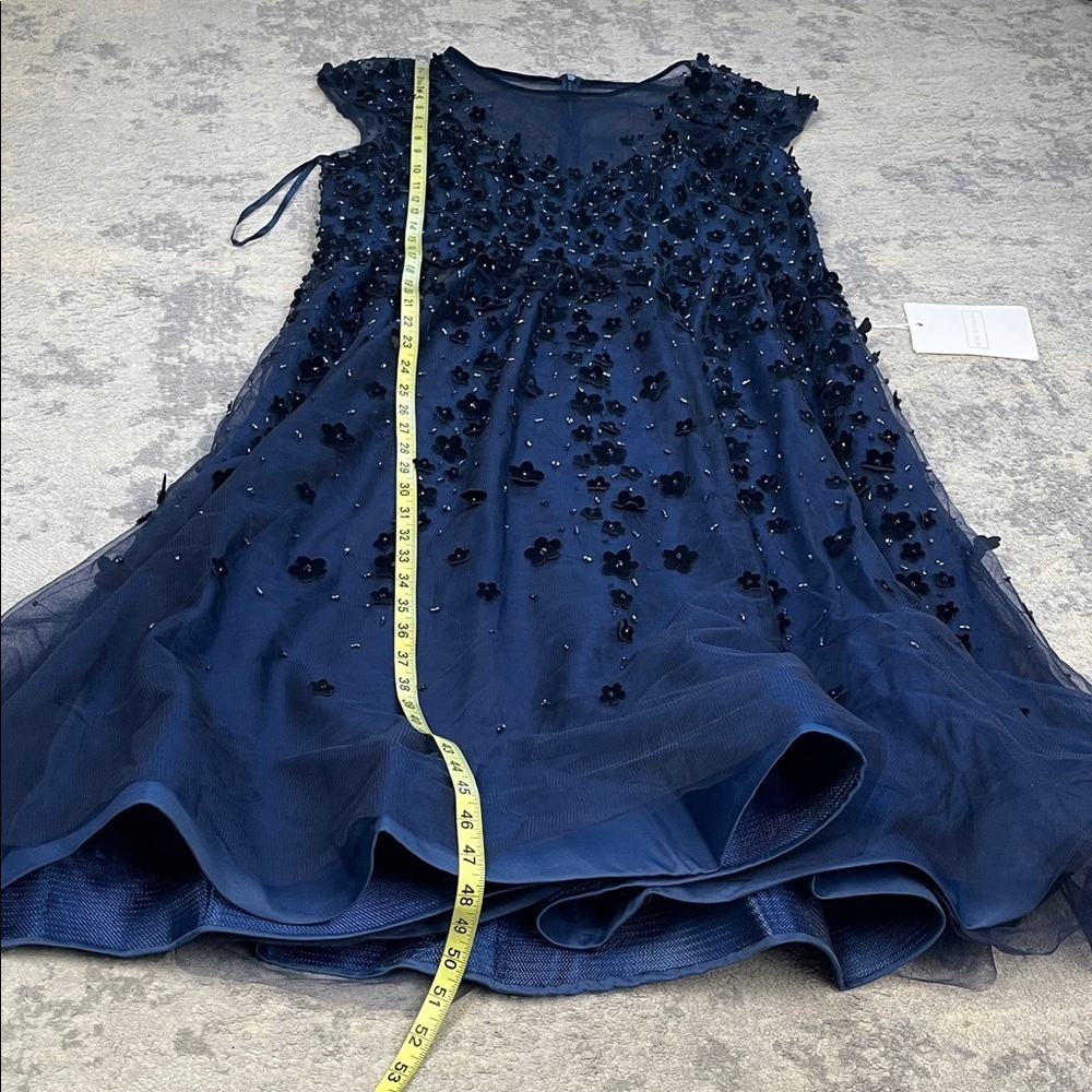 NWT Mac Duggal 67910 Floral Applique Tea Dress Fit Flare Illusion Neck Midnight - Picture 9 of 12